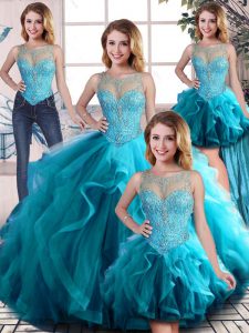 Más populares vestidos de bola 15 vestido de quinceañera aqua azul cucharada de tul sin mangas hasta el suelo con cordones