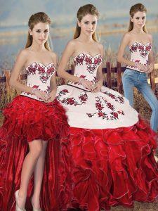 Vestidos de fiesta vestidos de quinceañera blanco y rojo corazón organza sin mangas hasta el suelo longitud de encaje