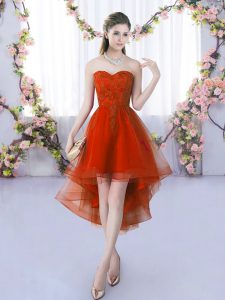 Vestido de dama para mujer de quinceañera sin mangas con encaje rojo bajo de óxido de colores.