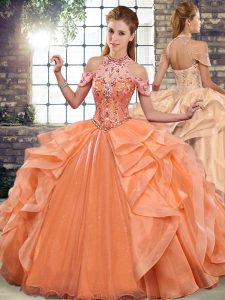 Palabra de longitud vestidos de bola sin mangas naranja vestidos de quinceañera con cordones
