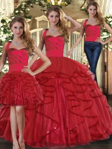 Volantes de quinceañera vestidos rojos de encaje hasta el largo sin mangas piso
