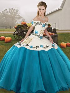 Coquetear organza azul y blanca con cordones del hombro sin mangas hasta el suelo vestido de fiesta vestido de fiesta bordado bordado