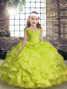 Clásicos vestidos de bola verdes amarillos correas de espagueti sin mangas hasta el suelo hasta el suelo con cordones, abalorios y fruncidos vestido de desfile de niña pequeña