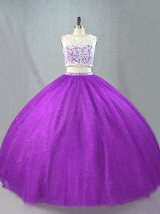 púrpura escote redondo abalorios vestidos de quinceañera sin mangas con cremallera
