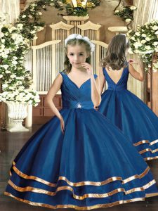Elegante azul marino vestidos de bola abalorios niñas desfile vestido por mayor sin respaldo largo del piso sin mangas