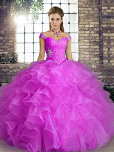 Popular vestido de quinceañera de abalorios y volantes lila con cordones hasta el suelo sin mangas