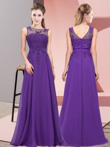 Longitud del piso elegante damas púrpura vestido scoop sin mangas con cremallera