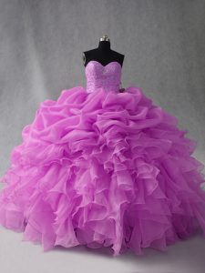 Vestidos de fiesta de color lila cariño sin mangas hasta el suelo de organza con cordones, abalorios y volantes y pick ups 15 cumpleaños vestido