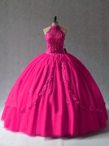 Fucsia colorido con encaje hasta 16 apliques de vestido de quinceañera sin mangas hasta el suelo
