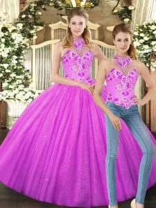 Brillante lila dos piezas bordado vestido de fiesta vestido de fiesta con cordones de longitud del piso sin mangas