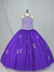 Cautivante largo del piso púrpura dulce 16 vestidos tul sin mangas abalorios y apliques