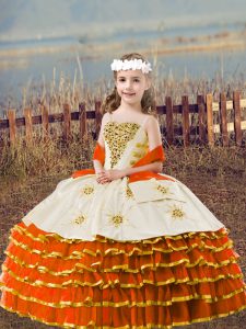 Elegante naranja rojo sin mangas de organza con cordones vestidos de desfile de chicas para la fiesta de bodas