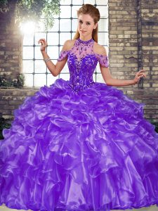 Vestidos de fiesta de color púrpura halter top sin mangas piso de organza con cordones y abalorios vestido de quinceañera dulce 16