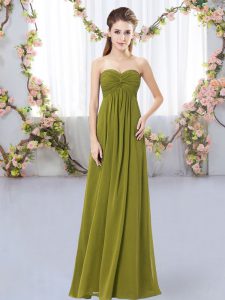 Maravilloso piso largo verde oliva quinceañera dama vestido gasa sin mangas fruncido
