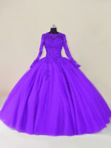 Longitud del piso púrpura dulce 16 vestidos festoneados manga larga cremallera
