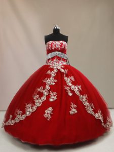 apliques de quinceañera vestido de encaje rojo hasta el largo sin mangas piso