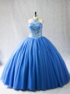 Dramático abalorios dulce 16 vestidos de encaje azul hasta tren de brocha sin mangas