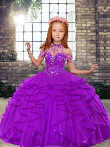 Elegante cuello alto sin mangas vestido de niña vestidos largos hasta el suelo con cuentas y volantes de color púrpura