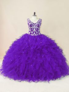 Suntuoso vestido de invierno sin mangas hasta el suelo sin respaldo dulce 16 en púrpura con abalorios y volantes