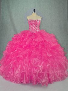 Palabra de longitud vestidos de bola sin mangas rosa fuerte dulce 16 vestido de quinceañera con cordones