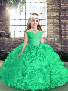 Piso de longitud verde infantil desfile vestido correas sin mangas cremallera lateral