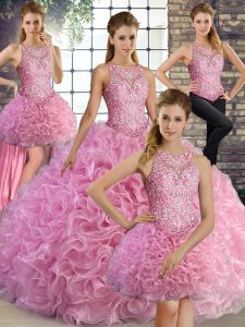 Glamorosa tela sin mangas con flores onduladas hasta el suelo con cordones vestido de quinceañera en rosa rosa con abalorios