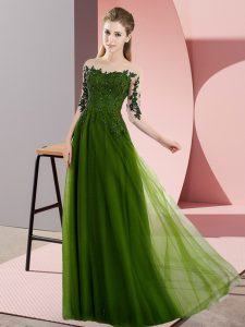Damas verde oliva vestido de bodas con abalorios y encaje bateau medias mangas con cordones