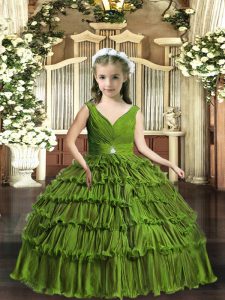 Palabra de longitud vestidos de bola sin mangas verde oliva vestido de desfile de niña sin espalda
