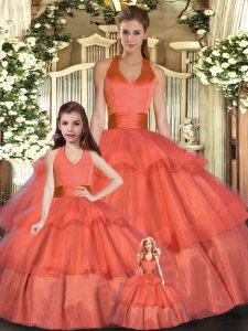 Noble naranja rojo vestidos de bola organza halter sin mangas con volantes capas longitud del piso lace up vestidos de quinceanera