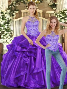 Halter púrpura top escote abalorios y volantes dulce 16 vestidos sin mangas con cordones