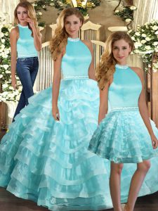 Vestidos de fiesta con estilo vestidos de quinceañera aqua azul parte superior de organza sin mangas hasta el suelo sin respaldo