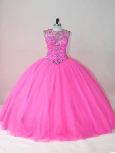 Modesta rosa rosa vestidos de bola tul cucharada sin mangas abalorios hasta el suelo con cordones vestido de quinceañera