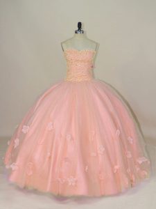 Vestidos de fiesta de color rosa de lujo de amor amor sin mangas hecho a mano longitud del piso de encaje hasta dulce 16 vestido