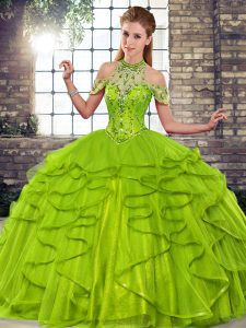 Lindos vestidos de bola dulces 16 vestidos verde oliva halter top tul largo sin mangas hasta el suelo