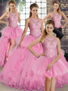 Encaje y bordados y volantes dulce 16 vestido de quinceañera rosa rosa encaje hasta el suelo sin mangas