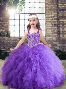 Longitud del piso agradable con cordones vestido de desfile de las niñas al por mayor lavanda y púrpura para fiesta y boda con rebordear y volantes