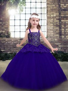 Púrpura correas escotadas abalorios niña vestido del desfile sin mangas hasta
