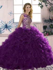 Encantadora de organza púrpura con cordones hasta el suelo sin mangas hasta el suelo vestidos de quinceañera con cuentas y volantes