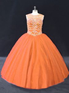 Moderno escote redondo naranja con abalorios 15 vestido de quinceañera sin mangas con cordones