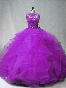 Rebajas de abalorios sin mangas de color púrpura y volantes de encaje hasta dulce 16 vestido