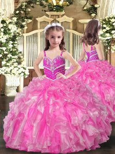 Rosa organza sin mangas con cordones vestido de desfile de niñas al por mayor para fiestas y bodas
