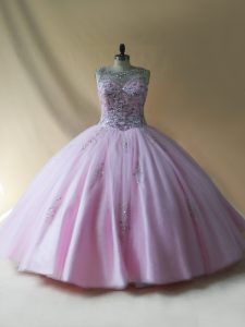 Fantástico vestido de tul sin mangas hasta el suelo con cordones dulce 16 en rosa bebé con cuentas