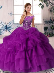 Rebordear y recoger relucientes dulces 16 vestido de quinceañera cremallera púrpura tren de brocha sin mangas