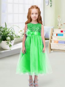 Excelente organza verde con cremallera niña desfile vestidos sin mangas longitud de té lentejuelas y flores hechas a mano