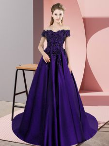 Diseño personalizado púrpura cremallera del hombro encaje quinceañera vestido de satén sin mangas corte tren
