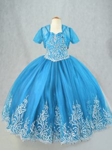 Gran bebé azul de tul con cordones correas de espagueti sin mangas hasta el suelo niñas vestidos de desfile abalorios y bordado