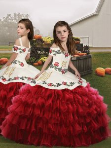 Niñas rojas vestidos de desfile fiesta y boda con bordados y capas con volantes correas sin mangas con cordones