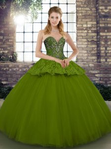 Popular novia sin mangas dulce 16 vestido de quinceañera largo hasta el suelo abalorios y apliques de tul verde oliva