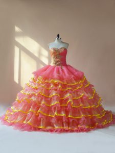 Vestidos de fiesta de color rosa cariño organza sin mangas con cordones rebordear y fruncir dulces 16 vestidos
