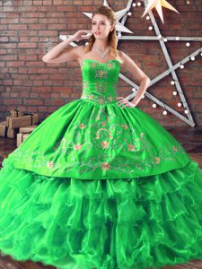 Colorido encaje verde hasta quinceañera vestido bordado sin mangas piso longitud